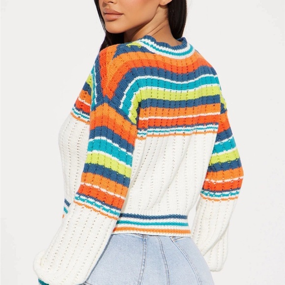 Fashion Nova Womens Sweater White Orange S Striped Cropped Long Sleeve Crewneck - Picture 2 of 7